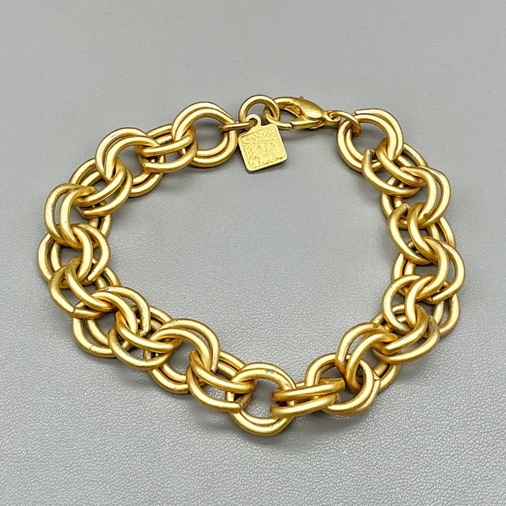 Anne Klein Bracelet Women Gold Tone Double Link Chain Lion Logo Charm Lobster